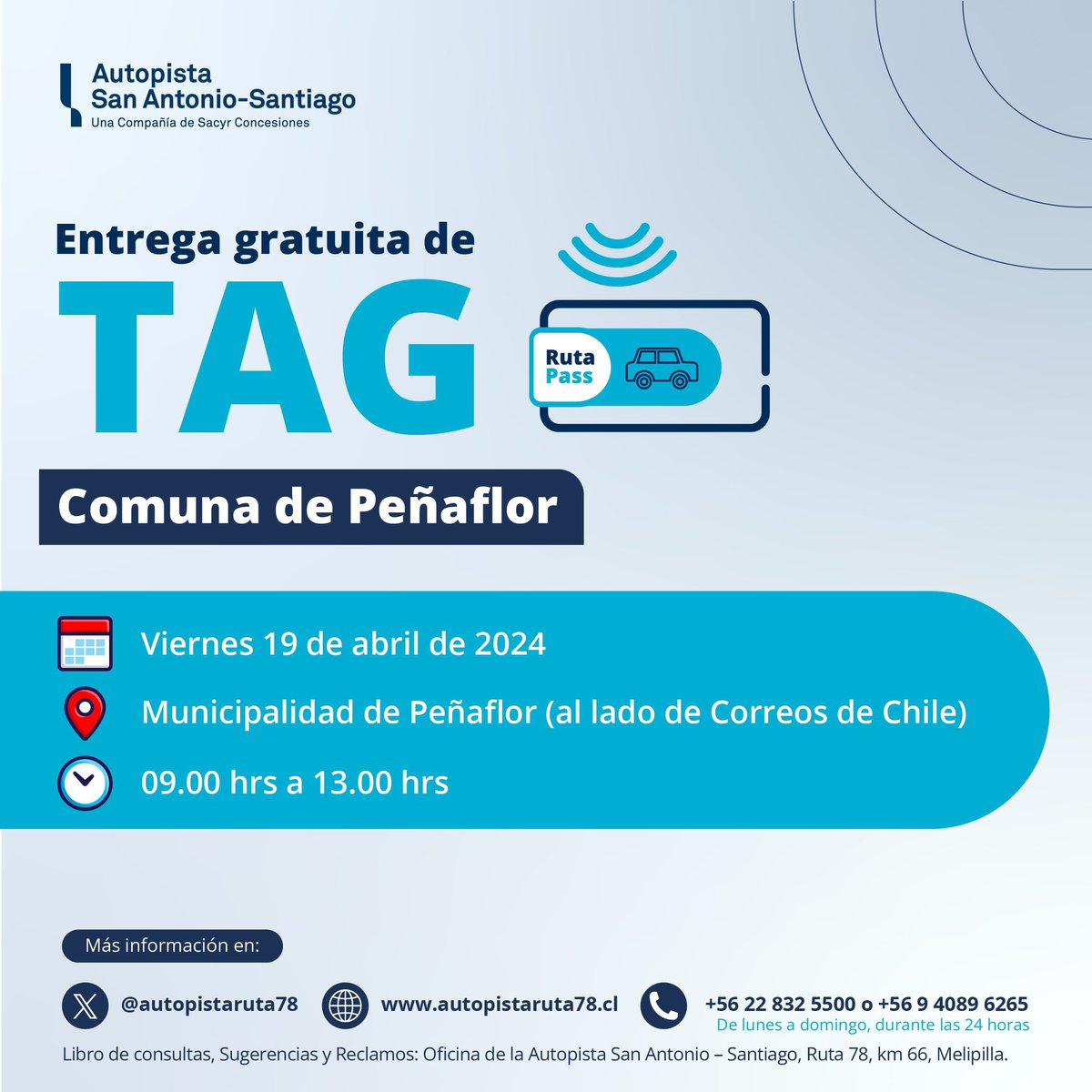 ¡Atención Peñaflor! Este día viernes 19 de abril @autopistaruta78 en conjunto con @munipenaflor realizará una entrega gratuita de TAG. Acércate a la Municipalidad de Peñaflor, al lado de correos de Chile entre las 9:00 y las 13:00 horas para la obtención de tu dispositivo.