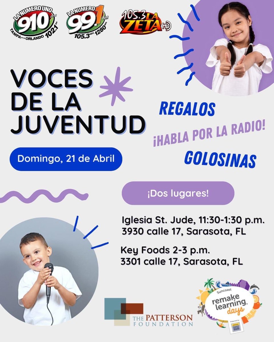 Eventos gratuitos para toda la familia Voces de la Juventud en Sarasota. #SuncoastRemakeDays Domingo 21 de abril en la iglesia de St.Jude a las 11:30AM y en Key Foods a las 2:00PM #RemakeDays @SuncoastCGLR @ThePattersonFdn