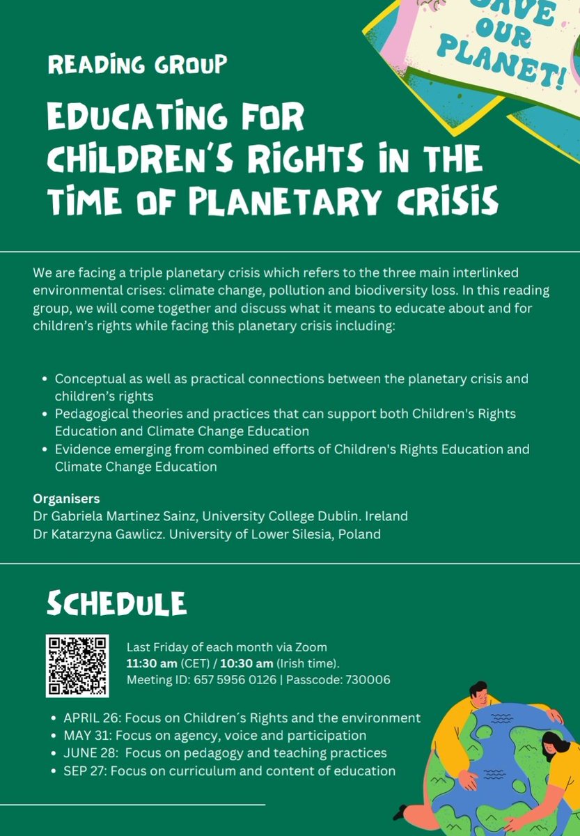 ALL WELCOME

Reading group 'Educating for children's rights in the time of planetary crisis'

Next meetings

📅 Friday 26
💻 Zoom
🕦 11.30 am CET

DM me to request the link and readings.

#ClimateEducation #TeachSDGs #EdChatIE #ChildRights