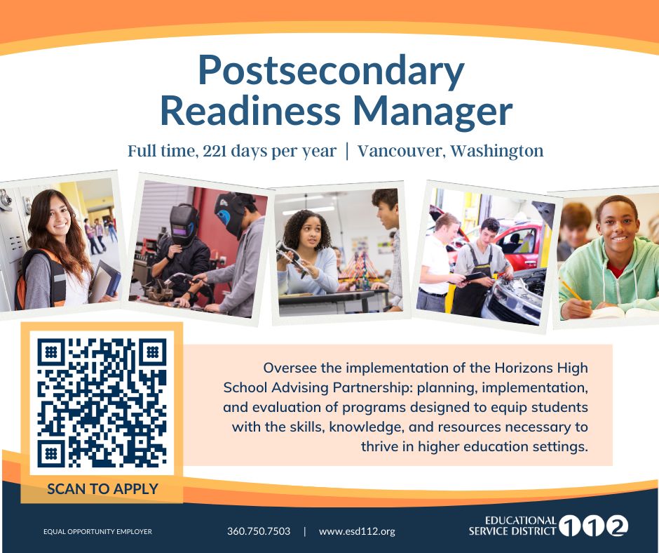 Do you know someone looking for a great new job that will contribute to the greater good in our region? 

See details & apply online: schooljobs.com/careers/esd112…
#Careers112 #ApplyNow #MakeADifference #PostSecondaryEducation
