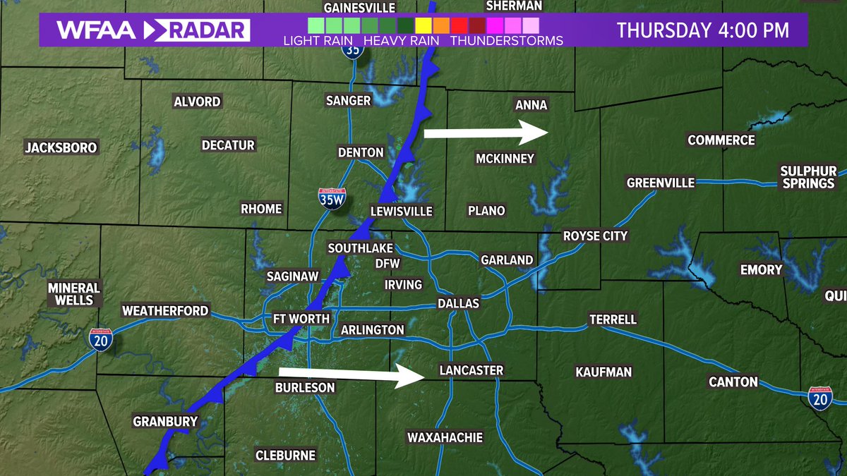 4pm Update: Front is about 1/3 of the way thru DFW. Areas behind the front = no storms today. Areas ahead of the front could still see an isolated storm before the front passes. For DFW the window is between now and about 6pm or so. #wfaaweather Radar: wfaa.com/radar