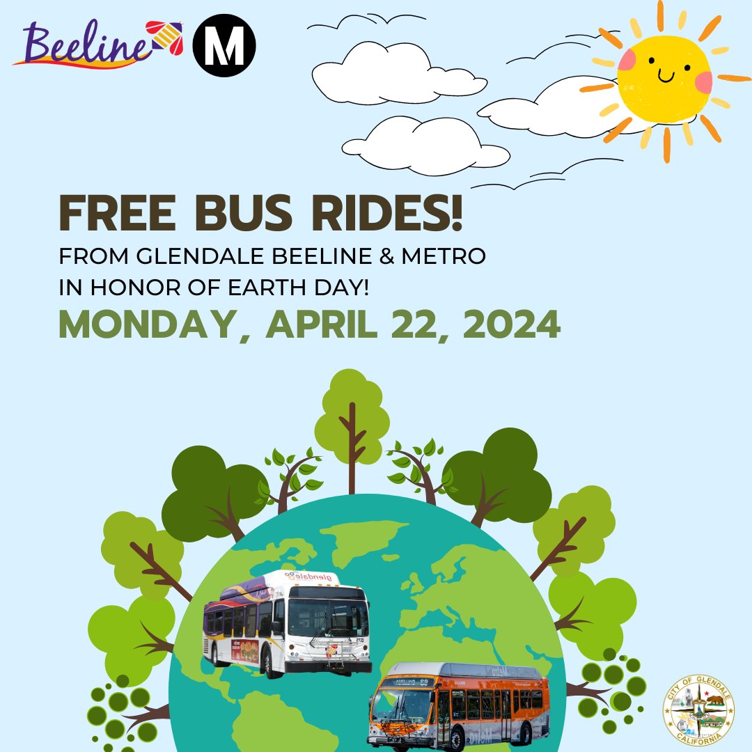 Go green this Earth Day! 🌍 Enjoy free rides from Glendale Beeline and the Metro!  

 #EarthDay #EarthDay2024 #MyGlendale #CA #California #reduce #joinus #FreeRides #Bus #Metro #Beeline