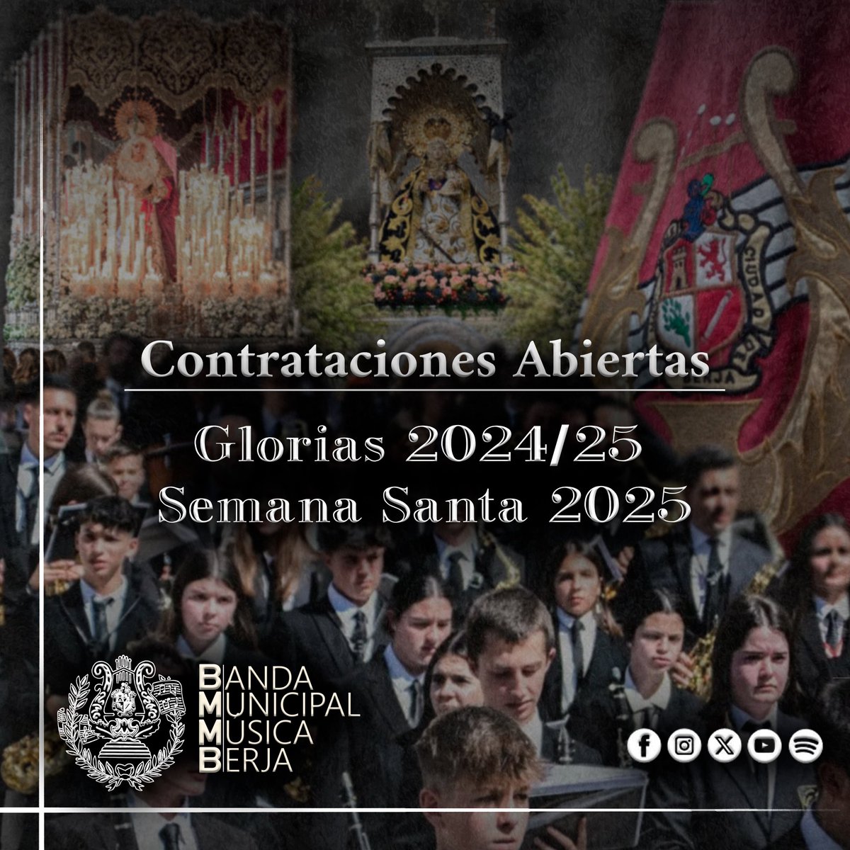 ℂ𝕠𝕟𝕥𝕣𝕒𝕥𝕒𝕔𝕚𝕠𝕟𝕖𝕤 𝕒𝕓𝕚𝕖𝕣𝕥𝕒𝕤

Terminada la #SSanta24 comienzan las #Glorias y nos gustaría sumar nuevas experiencias

Para #SSanta25 tenemos libre:

🔸Viernes Dolores, Sabado Pasion, Lunes y Martes Santo y Domingo de Resurrección 

¡¡No dudéis en preguntar!! 🎶💫
