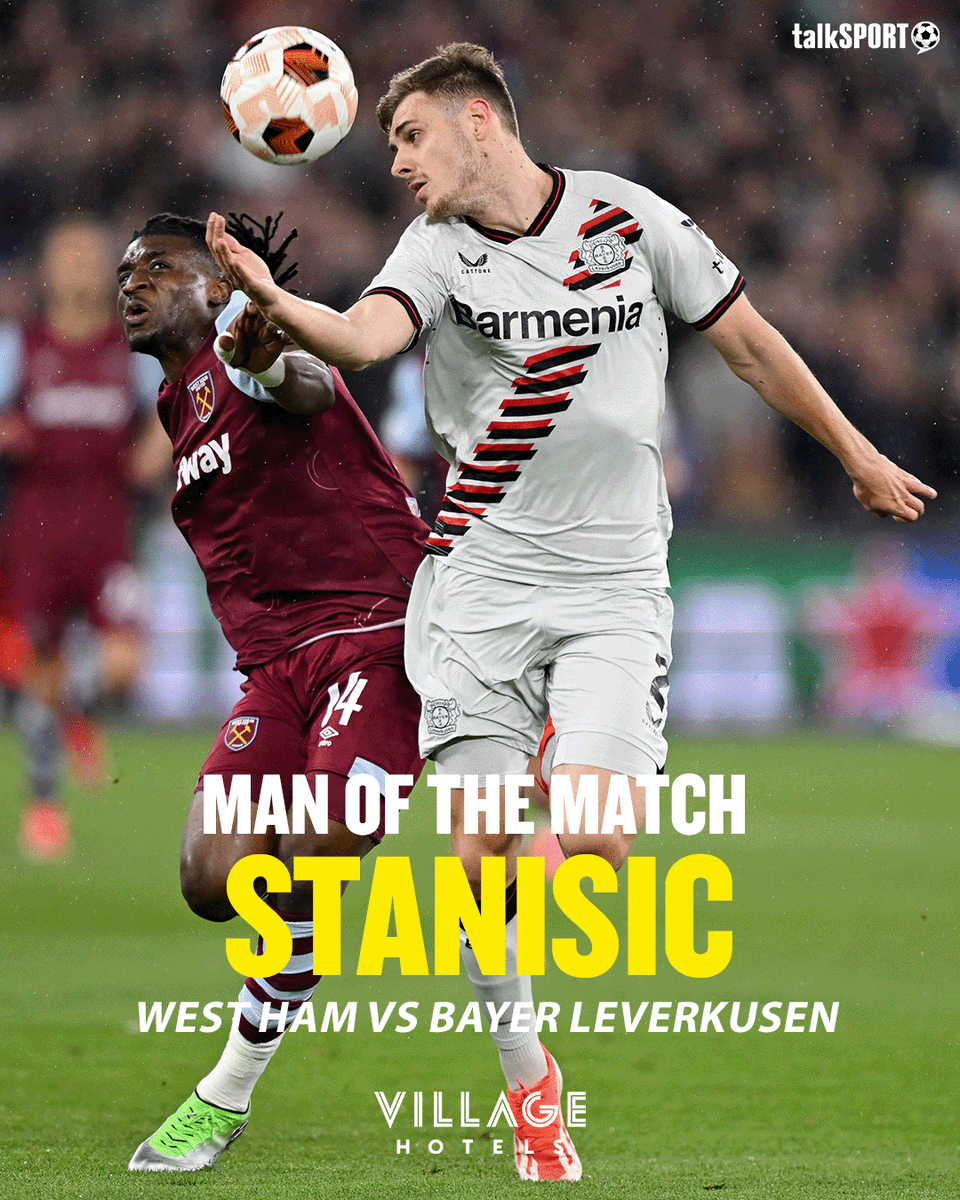 talkSPORT's tweet photo. ⭐️ PLAYER OF THE MATCH

Josip Stanisic was Quality for Leverkusen! 🔥

How good was he tonight? 🤔

🤝 With @Village_Hotels #Ad https://t.co/zEmMTVMn3F