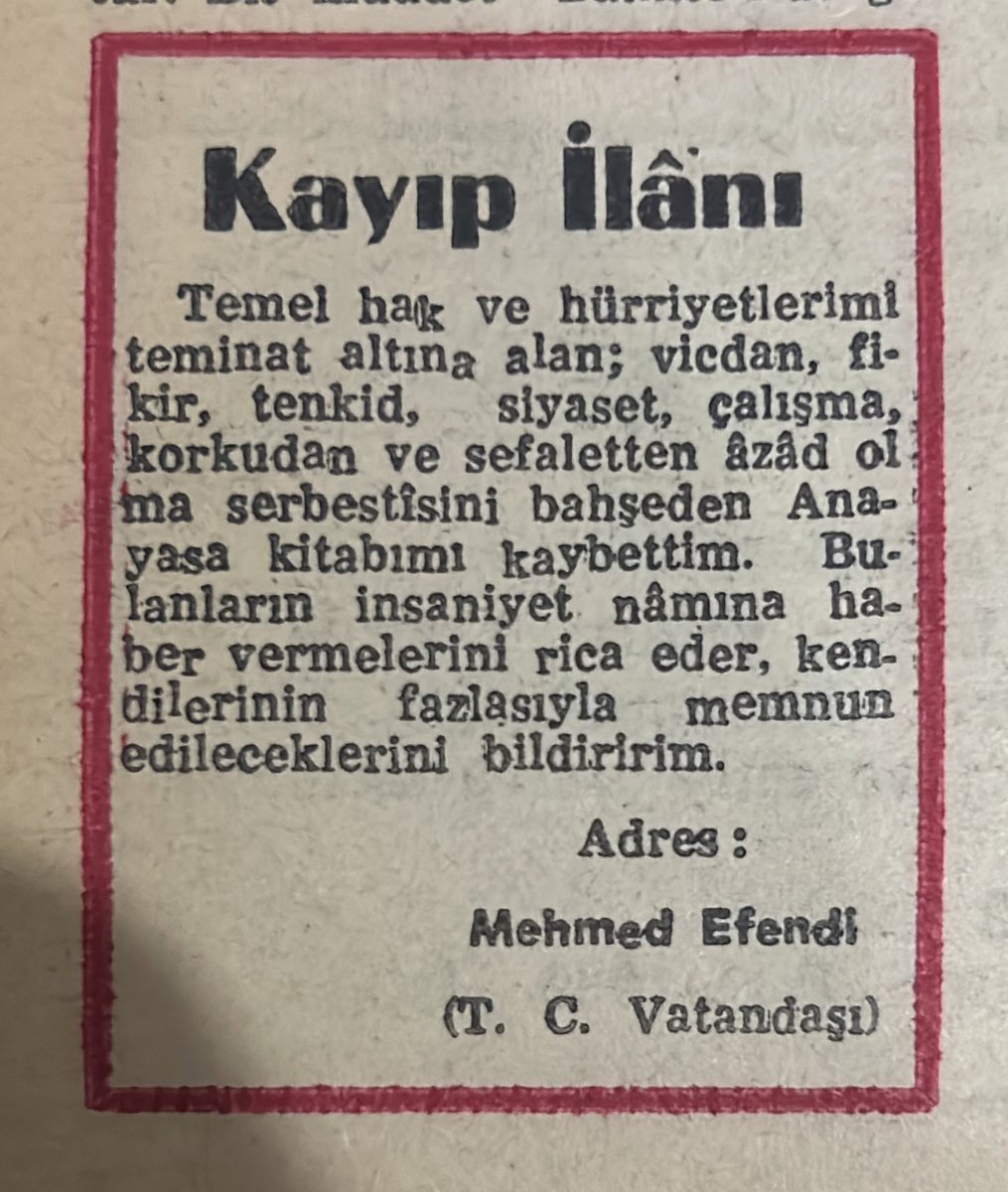 Yeni İstiklâl, 9 Aralık 1964 Kayıp İlanı: