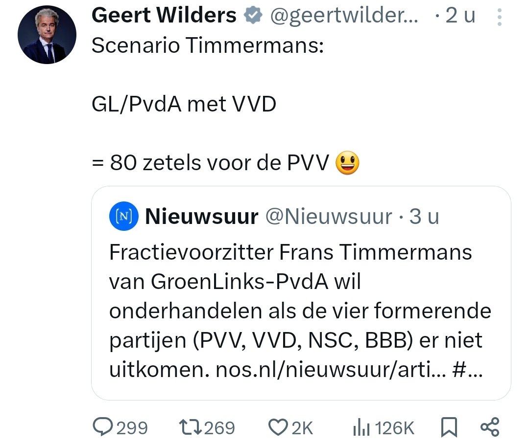 #Wilders wil niet echt regeren. 

Hij droomt over een PVV-dictatuur die er nooit zal komen.  

Wellicht win je een paar zeteltjes mochten er nieuwe verkiezingen komen maar je zult nog steeds moeten samenwerken met waarschijnlijk dezelfde partijen en als het nu niet lukt waarom…