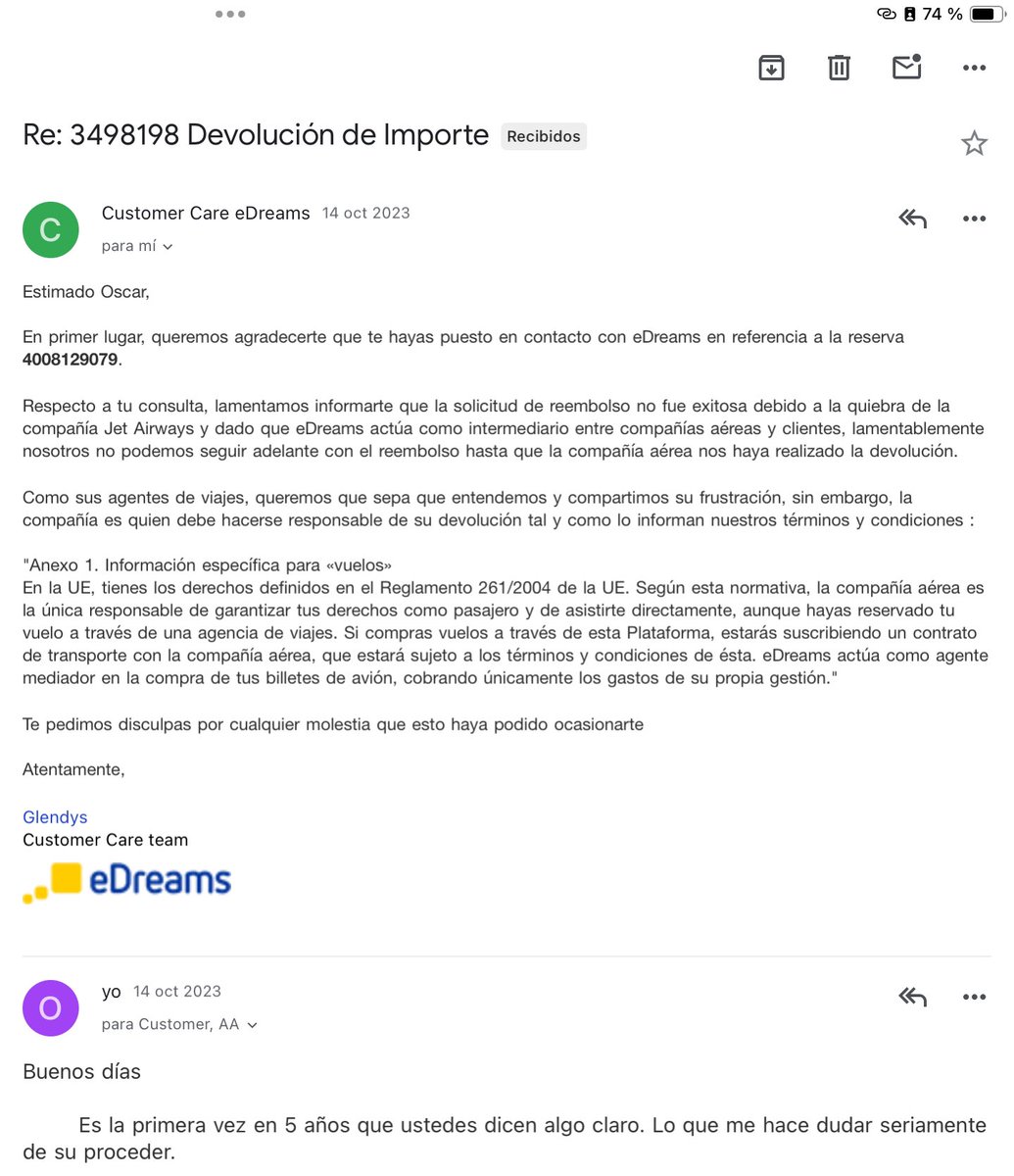sunny_funy's tweet photo. @eDreams Se acerca el puente de Mayo y no tengo aun más respuesta que esta. Más de 3700 euros desaparecidos sin papeles ni justificantes que corroboren lo que decís. https://t.co/kT20dEA5NL