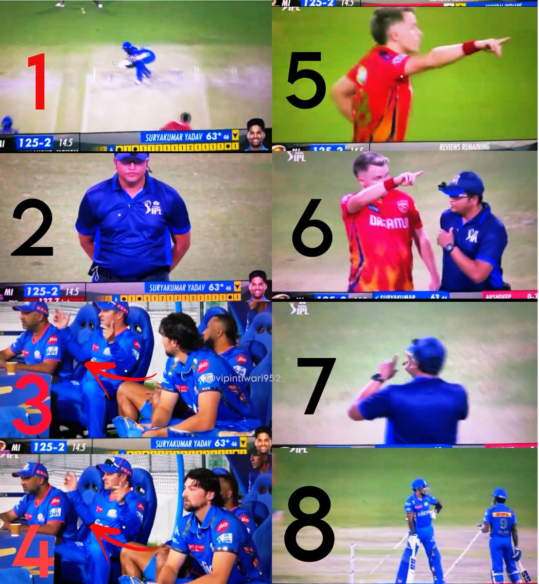 Here's another DRS incident to note during the MI inning. 1. Arshdeep bowled a ball to Surya. 2. Umpire didn't react. 3. MI head coach gestured to batters that it's wide. 4. Batters avoided, but he made another gesture. 5. Sam was angry. 6. Sam complained to the umpire. 7.…