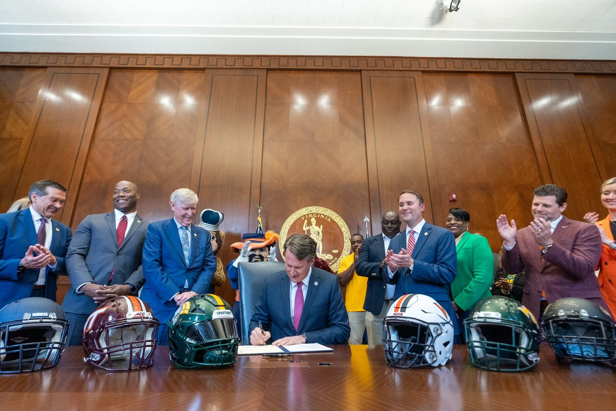 GovernorVA74's tweet photo. Today, we took an important step on NIL agreements in Virginia, signing legislation to make Virginia a more competitive place for student athletes. We’re empowering our colleges and universities and enabling these athletes to fully benefit from their God-given talents. https://t.co/fChBqsh6CE