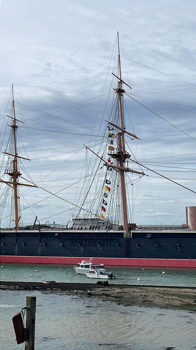 Lukearseee's tweet photo. The signal flags on HMS warrior spell out play up Pompey. Big up that naval history nerd that orchestrated this https://t.co/dhtg1pUsKp