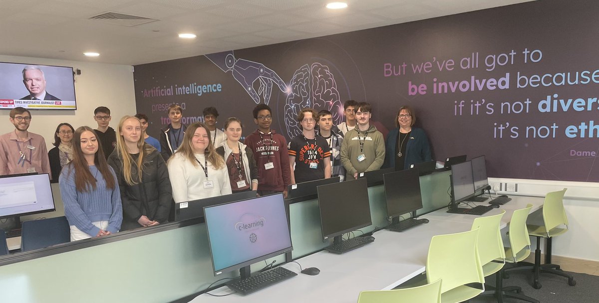 DameWendyDBE's tweet photo. I also met some A level computer science students and their teachers. We took a photo by my quote about the need for diversity in AI which is writ large on the wall as you enter the building and will hopefully inspire others. Well done @bartonpeveril https://t.co/Fmn0pWUjgE