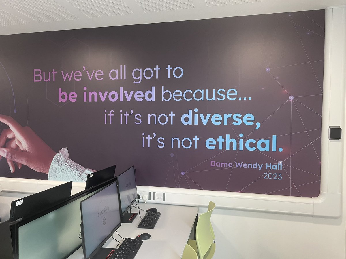 I also met some A level computer science students and their teachers. We took a photo by my quote about the need for diversity in AI which is writ large on the wall as you enter the building and will hopefully inspire others. Well done @bartonpeveril