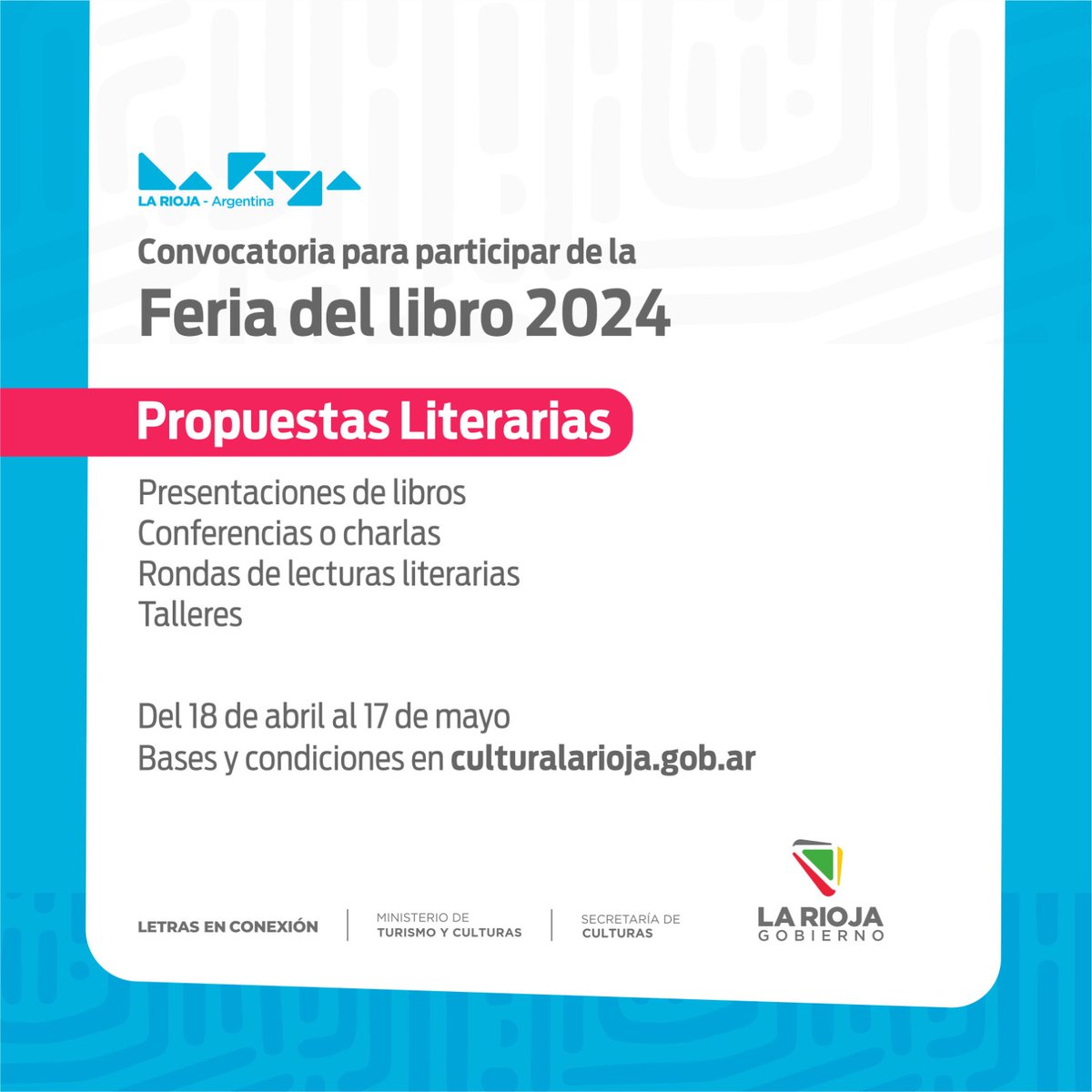 CulturasLaRioja's tweet photo. 📚 22° edición de la Feria del Libro de La Rioja.

📣 Ya se encuentran abiertas las convocatorias para participar con propuestas literarias y artísticas.

🫴 La feria se realizará desde 3 al 13 de julio.

❗ Las convocatorias cierran el 17 de mayo.

📌 https://t.co/fK6AukJY2I https://t.co/WoY5WMnkGH