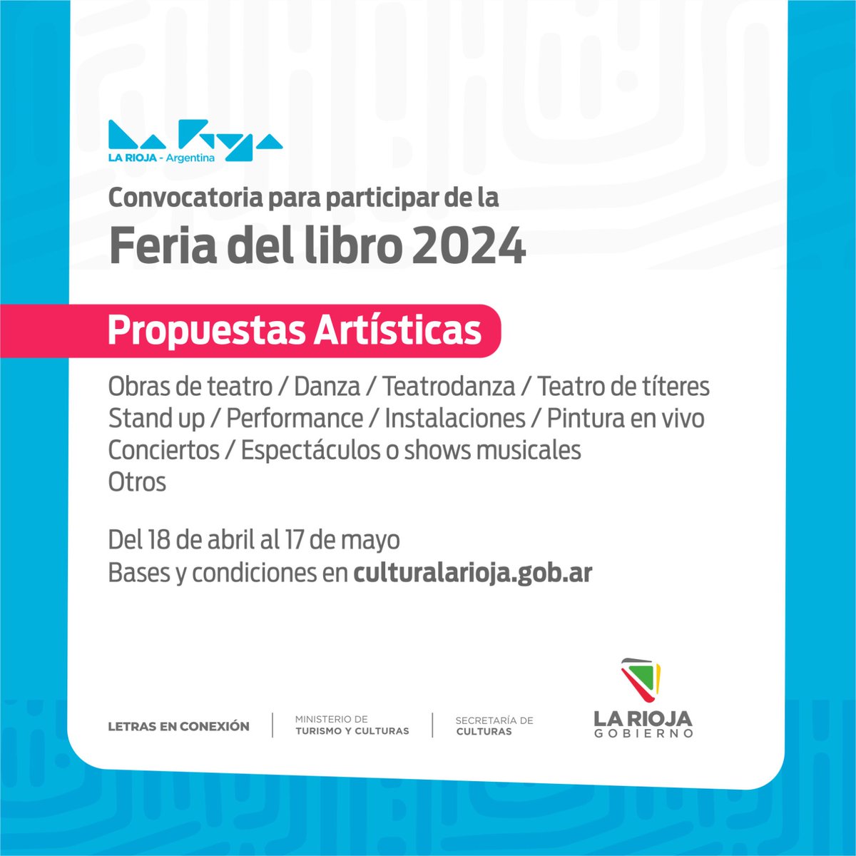 CulturasLaRioja's tweet photo. 📚 22° edición de la Feria del Libro de La Rioja.

📣 Ya se encuentran abiertas las convocatorias para participar con propuestas literarias y artísticas.

🫴 La feria se realizará desde 3 al 13 de julio.

❗ Las convocatorias cierran el 17 de mayo.

📌 https://t.co/fK6AukJY2I https://t.co/WoY5WMnkGH