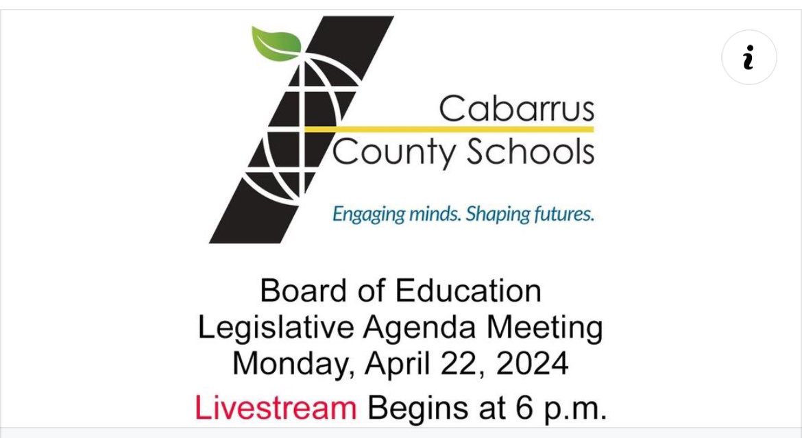 The Cabarrus County Board of Education will meet on Monday, April 22nd for a Legislative Meeting. The meeting will begin at 6pm and will be held in the Board Room of the Cabarrus County Schools Ed Center.  Livestream: youtube.com/live/Mo8nz6OOG…  Agenda: go.boarddocs.com/nc/cabcs/Board…