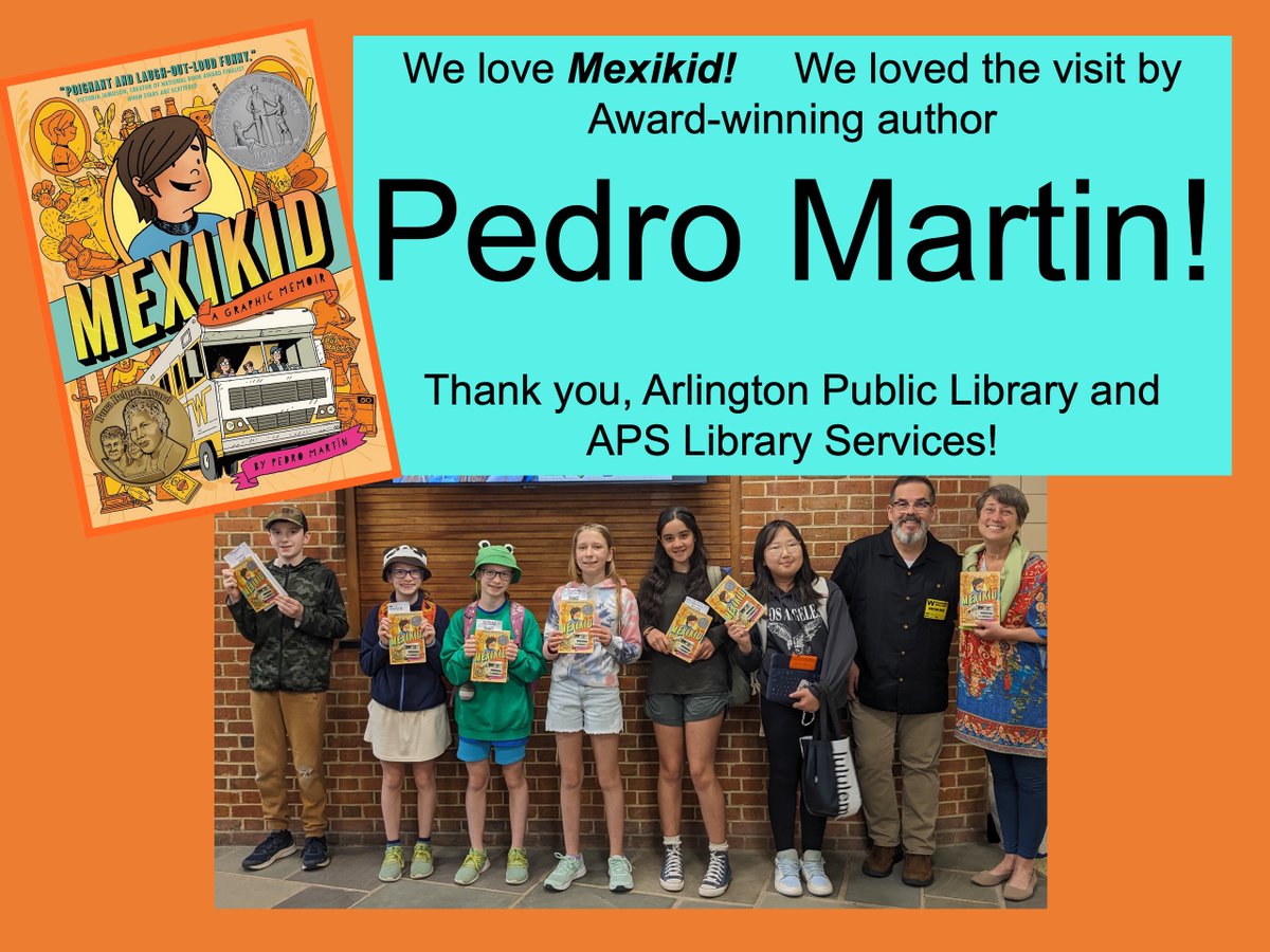 Get into a Winnebago RV with your 11 family members for a 2000 journey to Mexico? What could go wrong? MEXIKID (graphic memoir) is just SO FUN (and poignant.) Enjoyed Pedro Martin's mega award winner AND his cool presentation thanks to <a href="/ArlingtonVALib/">Arlington VA Pub Lib</a> <a href="/APSVirginia/">Arlington Public Schools</a> <a href="/APSLibrarians/">APS Library Services</a>