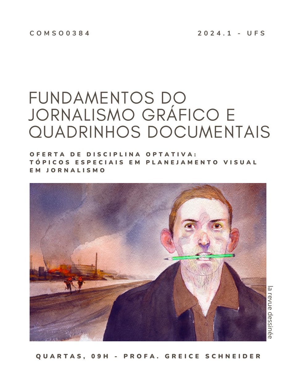 greices's tweet photo. Alô discentes da UFS! Em 2024.1 ministro uma optativa sobre quadrinhos, com foco em narrativas documentais. A disciplina será ofertada às quartas, 9h, no código COMSO0384. Matrículas abertas pelo SIGAA a partir de amanhã. https://t.co/FK1qiY36ph