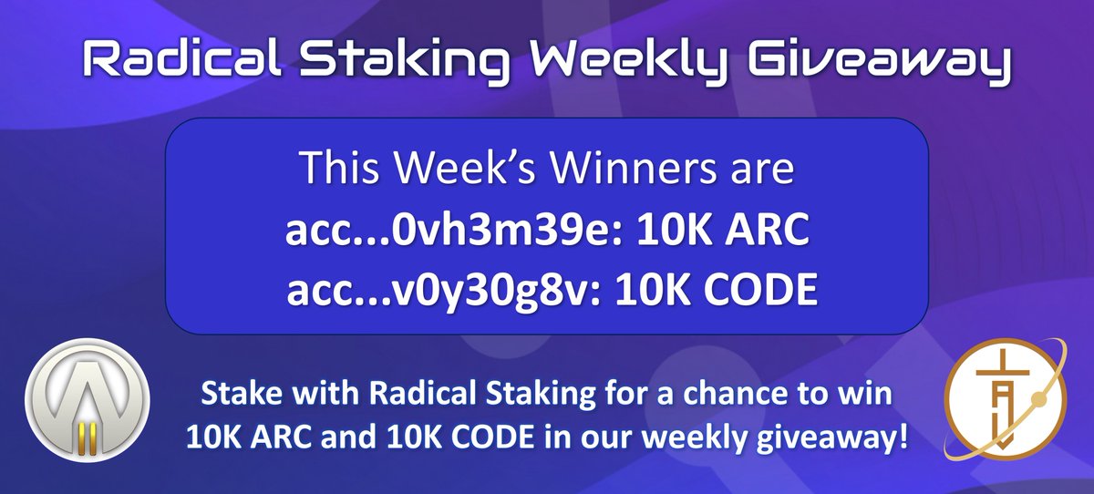 This week's giveaway winners are:

🏆 acc..0vh3m39e: 10K ARC
🏆 acc..v0y30g8v: 10K CODE

Congratulations and thank you for supporting <a href="/arcanelabyrinth/">Arcane Labyrinth</a>, <a href="/ProjElysium/">Project Elysium</a> and <a href="/RadicalStaking/">radical.xrd | RadicalStaking.com</a>!

Missed this week's giveaway? Find out how to enter at bit.ly/3MkwmDR

#Radix $XRD