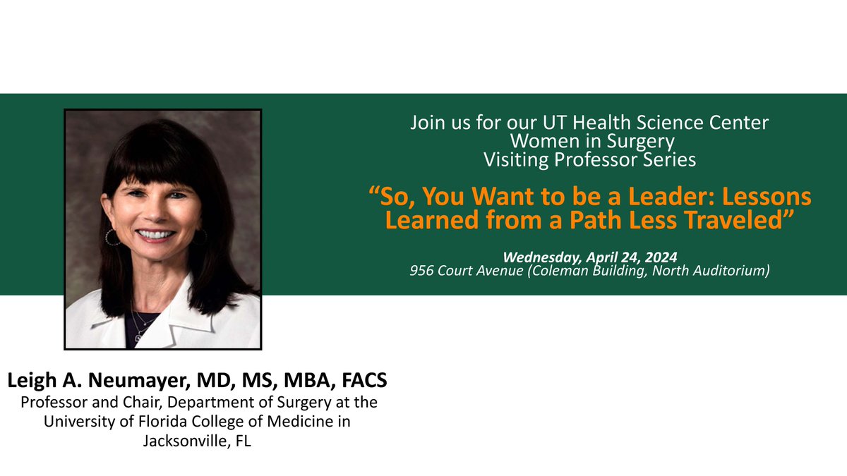 UTHSC Department of Surgery (@surgeryuthsc) on Twitter photo Excited to welcome Dr. Leigh A. Neumayer @LeighNeumayer, as the UT Health Science Center Women in Surgery Visiting Professor on April 24. She will have an engaging topic on leadership. <a href="/uthsc/">The University of Tennessee Health Science Center</a> <a href="/UTHSCMedicine/">UTHSC College of Medicine</a> #surgery <a href="/womeninsurgery/">Women in Surgery</a> <a href="/UT_GlobalHealth/">Center for Multicultural and Global Health</a> Excited to welcome Dr. Leigh A. Neumayer @LeighNeumayer, as the UT Health Science Center Women in Surgery Visiting Professor on April 24. She will have an engaging topic on leadership. <a href="/uthsc/">The University of Tennessee Health Science Center</a> <a href="/UTHSCMedicine/">UTHSC College of Medicine</a> #surgery <a href="/womeninsurgery/">Women in Surgery</a> <a href="/UT_GlobalHealth/">Center for Multicultural and Global Health</a>