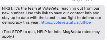 riotbrrd's tweet photo. @votevets Got this text message, but it looks a bit sus. Is this really you guys? https://t.co/Y7GdjqLcwJ
