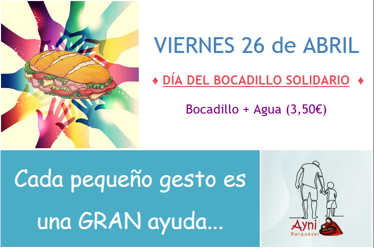 ✍🥪 El próximo viernes 26 de abril nos espera una cita con el Bocadillo Solidario, a beneficio de nuestros niños de Ayni, en Perú. Estás invitado/a a darle un mordisco a la pobreza. Anímate a participar!! 💯❤️