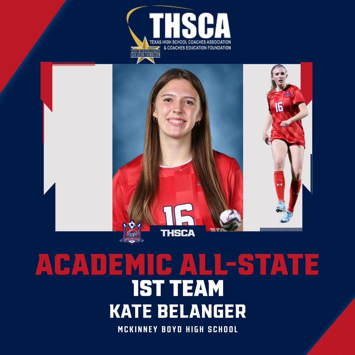 Congratulations to Jazmyn Mendez and Kate Belanger for being selected to the THSCA’s Academic All-State FIRST Team! These girls are considered some of the strongest student athletes in the entire state of Texas. Congrats girls on a well earned selection!