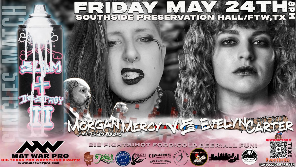 Can't 🛑
Won't🛑 
This match is undeniably pure ⛽️+🔥

Morgan Mercy w/ Tiger Bruno
vs
Evelyn Carter

SLAM & DESTROY 2
📍SOUTHSIDE PRESERVATION HALL
🗓️ 05/24/24
🗺️ Fort Worth, TX
🎟️  tiny.cc/destroy24  🔗 Link in Bio
#texaswrestling #matwarpro #dfw