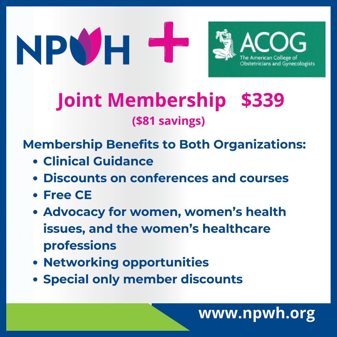 Did you know that NPWH offers a Joint Membership opportunity alongside @acog? Membership includes a one year Individual Membership with NPWH and a one year Affiliate Membership with ACOG, all at a significant savings! Join today! npwh.org/membership #whnp #dnp #npwh #acog