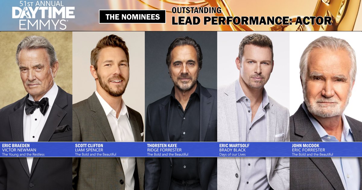 soapcentral's tweet photo. OUTSTANDING LEAD ACTOR NOMINEES
@EBraeden (Victor Newman, @yandr_cbs #YR)
@CliftonsNotes (Liam Spencer, @bandb_cbs #BoldandBeautiful)
@Iamthorstenkaye (Ridge Forrester, B&B)
@ericmartsolf (Brady Black, @DaysPeacock, #DAYS)
John McCook (Eric Forrester, B&B)
#DaytimeEmmys #SCEmmys
