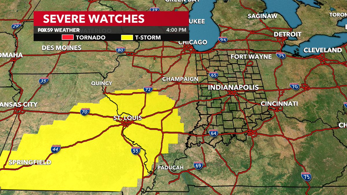 ⛈️ ⛈️ TIMING THE STORMS: Storms in Illinois will continue moving East through the evening. Severe T-Storm Watch is in effect there, too. Timing: 9 PM west, Midnight Indy metro and out of Indiana by 2-3 AM. Winds & brief downpours are the biggest threats. Stay aware! #INwx @FOX59