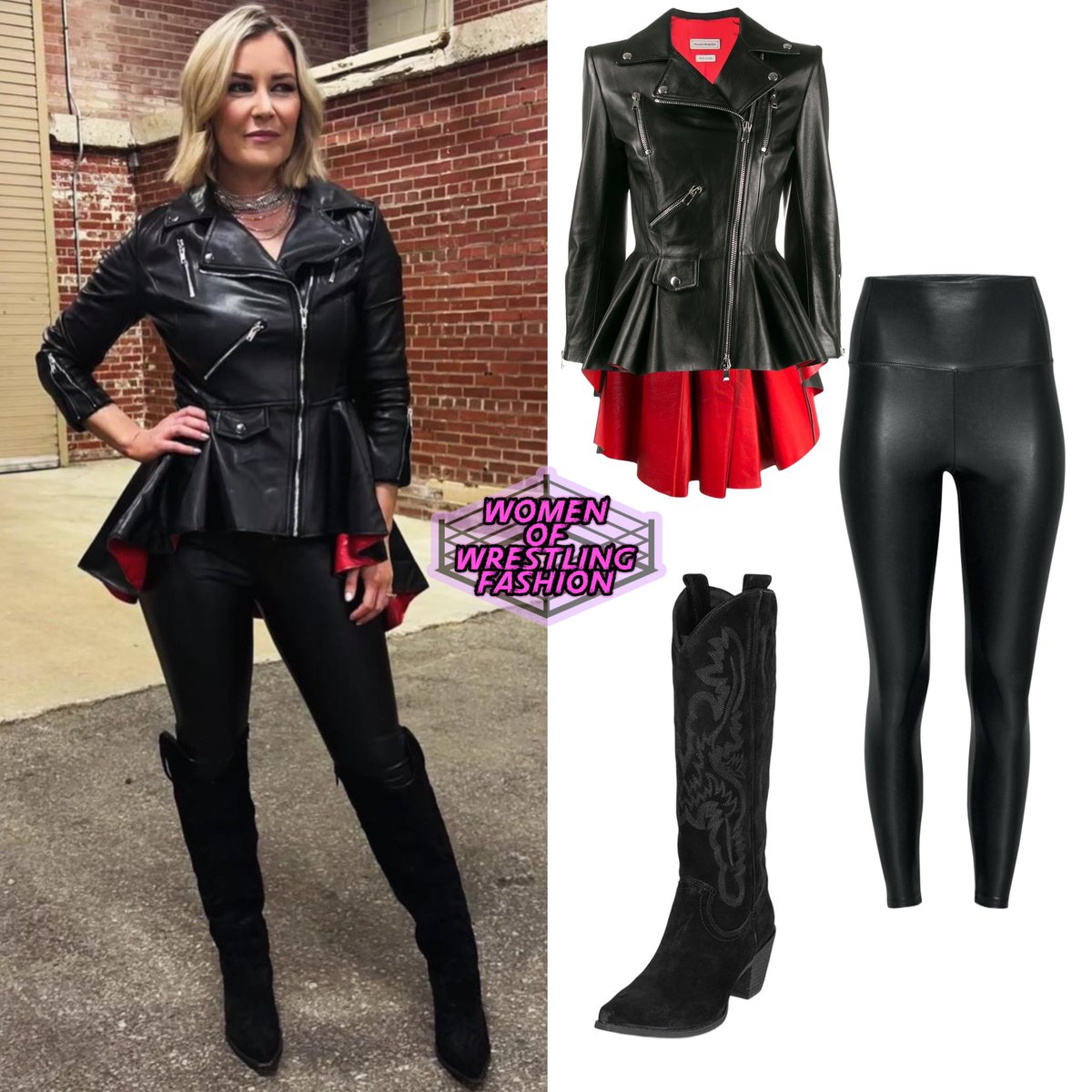 For Dynamite, @ReneePaquette wore the Fit and Flare Leather Biker Jacket from @AlexanderMcQueen (no longer sold), Daria Pant in Black from @Aritzia ($59.99 on sale) & Rancher Knee High Western Boot from @JeffreyCampbell ($259.95)