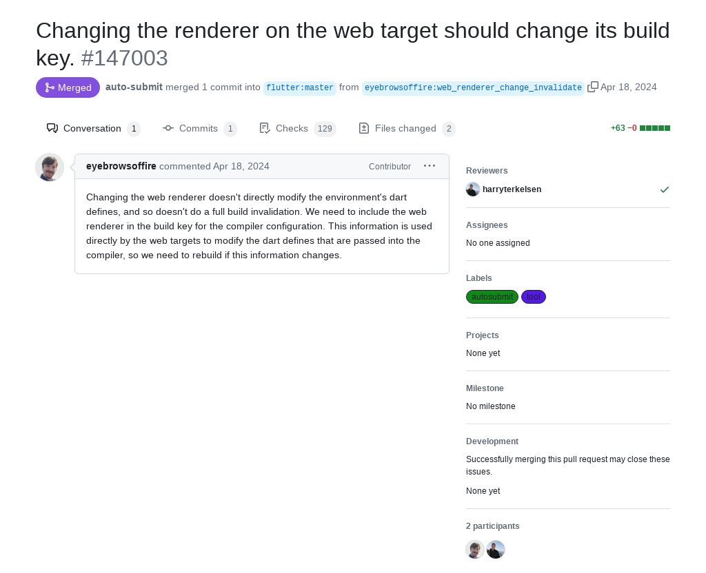 'Changing the renderer on the web target should change its build key.' by Jackson Gardner was merged into #Flutter master github.com/flutter/flutte…