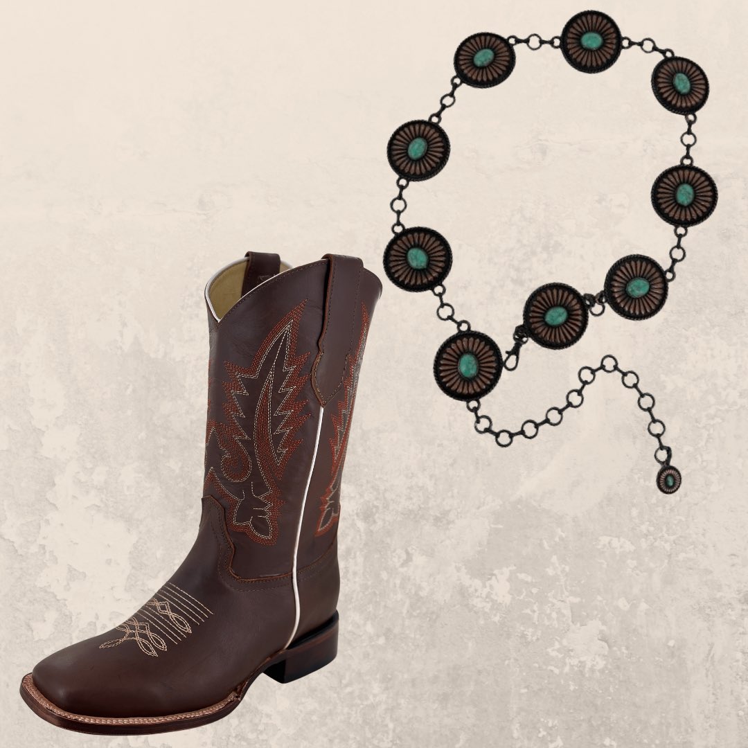 Combo you need 🔥 🔍Shop: Women's Brown with Flames Leather Sole Square Toe Rodeo Boot 🔍Shop: Women's Rust Copper with Blue Marble Concho Link Belt In stock & ready for purchase!!   shop rodeodurango.com or link in bio #botasvaqueras #artesaniasmexicanas #conchobelt