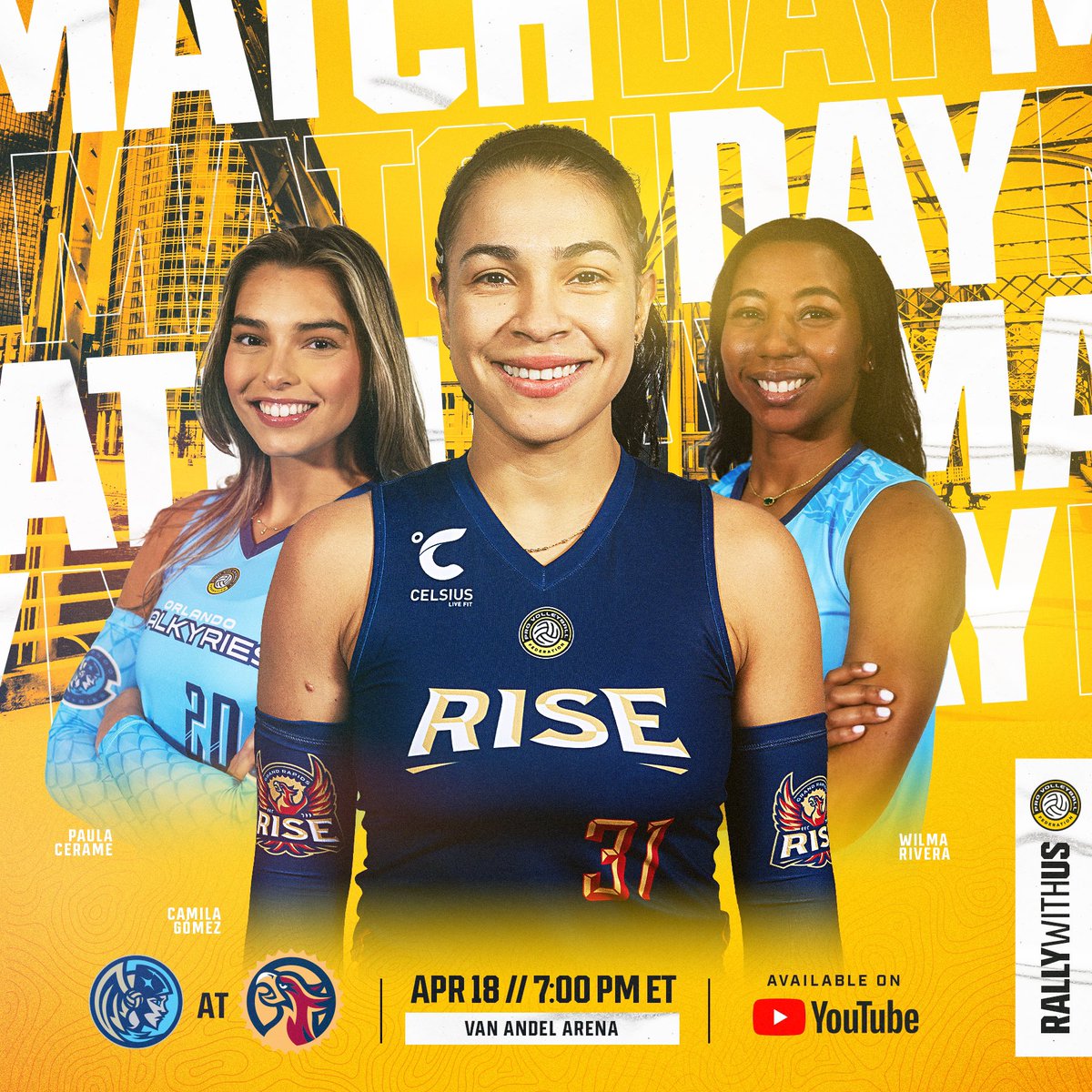MATCH DAY! The @GR_Rise host the @orlvalkyries, tonight 7:00 p.m. ET. 📺 @youtube #RealProVolleyball #ProVolleyball