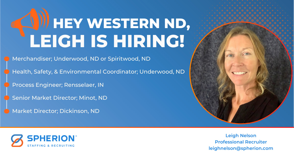 Ready to take your career to the next level, Western ND? 🚀 Check out these fantastic opportunities that Leigh is hiring for!

Reach out to Leigh today at leighnelson@spherion.com or apply directly on our website at spherion.com/apply!

#northdakotajobs #nowhiring