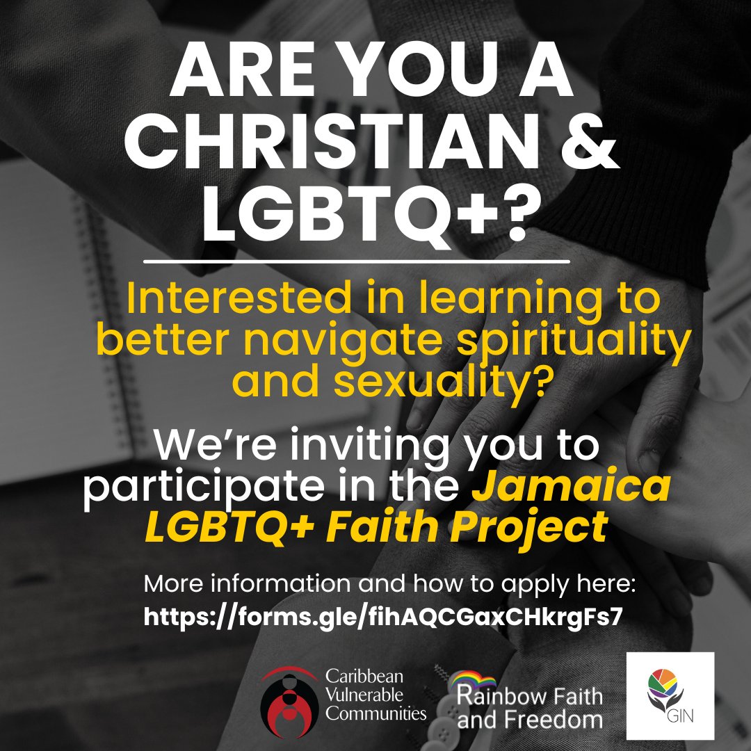 We're seeking members of the LGBTQ+ community in Jamaica who are also Christian to be a part of the Jamaica LGBTQ+ Faith Project. Interested persons are asked to fill out the form at the link below by April 30, 2024. forms.gle/fihAQCGaxCHkrg…