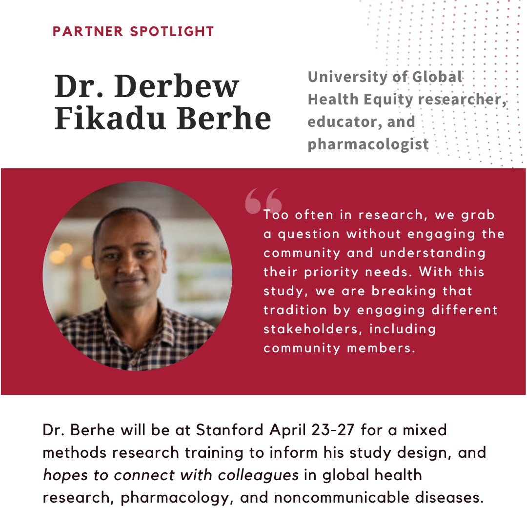 Meet Dr. Derbew Fikadu Berhe, @derbew_fikadu, a @UGHE researcher, educator, & pharmacologist who will be at Stanford April 23-27 for a mixed methods research training to inform an innovative study he's helping to lead. @stanfordsurgery Learn more: tinyurl.com/46hmmujh