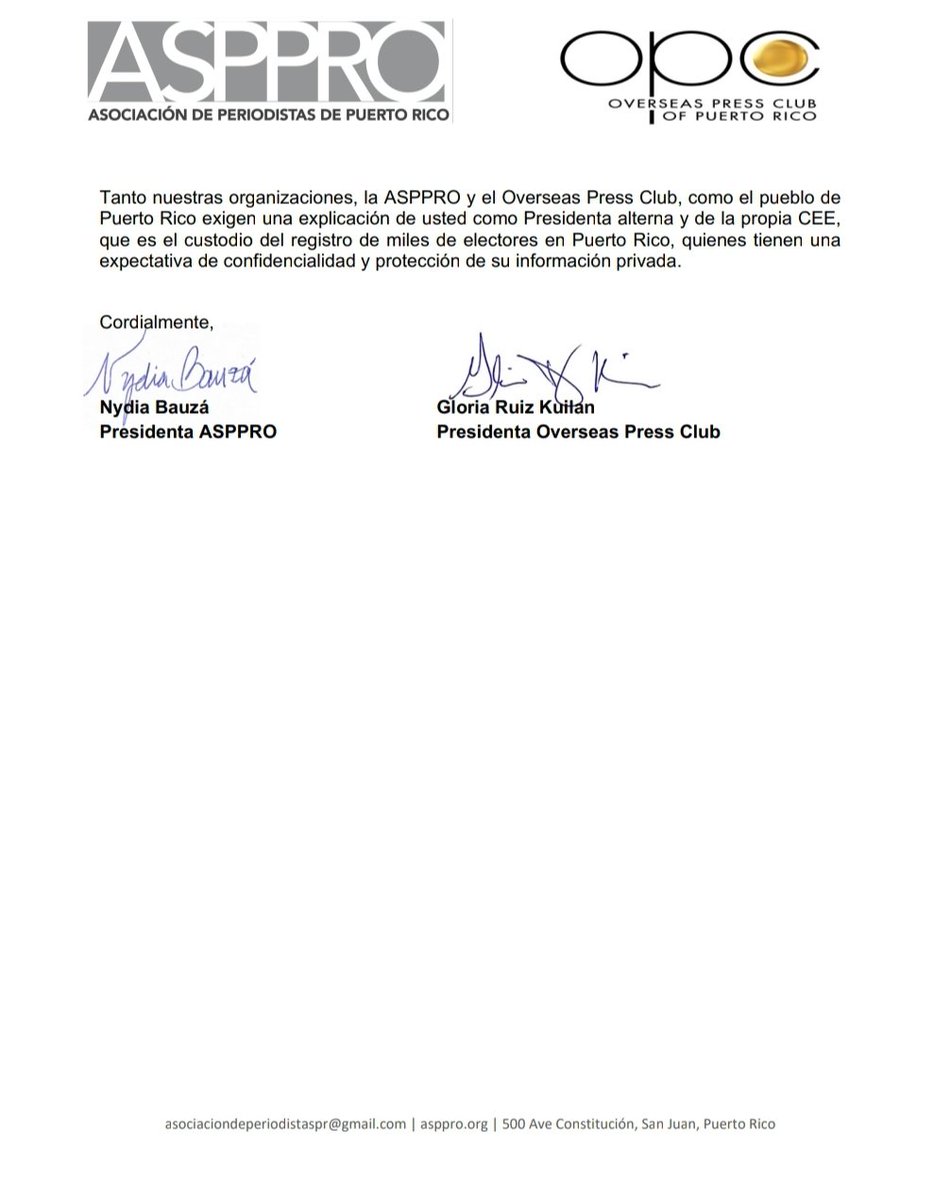 La <a href="/asppro_oficial/">AsocPeriodistasPR</a> y <a href="/opcpr/">Overseas Press Club</a> exigen una explicación a la presidenta interina de la <a href="/CEEPuertoRico/">CEE de Puerto Rico</a> en torno a la información confidencial del Registro de Electores de un periodista y tres ciudadanos privados divulgada a través de las redes sociales por el senador <a href="/trschatz51/">Thomas Rivera Schatz</a>