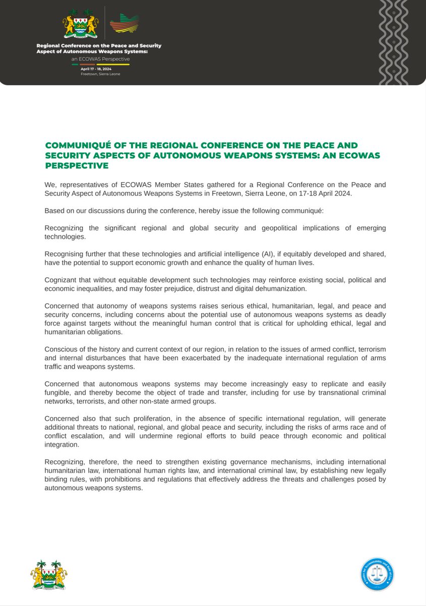 redsehlac's tweet photo. Estamos felices 🥰que los representantes de la #ECOWAS han adoptado el Comunicado de #Freetown sobre #ArmasAutonomas en Sierra Leona 🇸🇱
Este es un gran resultado💪después de la 1° conferencia africana sobre #AWS
Continuamos con el #EspiritudeBelen
Texto del comunicado⤵️ https://t.co/LJzYzvKiCQ