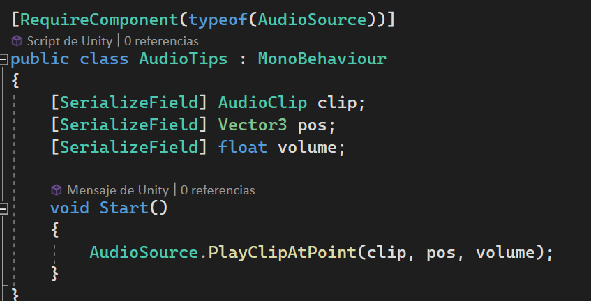 #Unitytips ⇩⇩⇩ 🤓 Puedes reproducir un audioclip en cualquier punto y en el momento que quieras sin tener que tener la referencia a un AudioSource 🔥 Muy útil para algunos SFX o para prototipar en gamejams 💃 #gamedev #indiedev