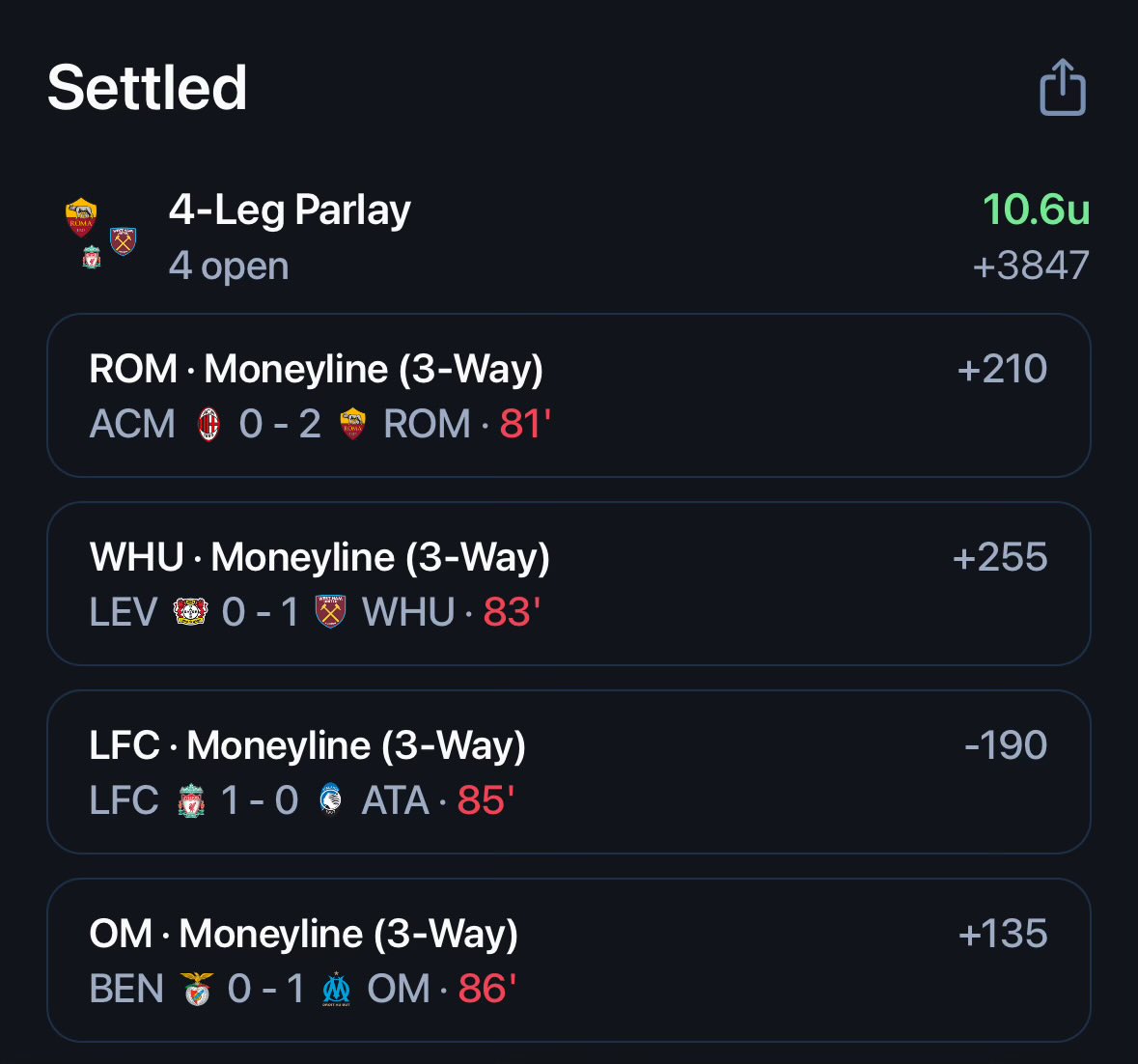 Sharing this with hope that some of the LOYAL LISTENERS from @FCStoppageTime can learn from it. I cashed out this 4 LEG parlay because 3 of the 4 were sitting at 1-0 with 5 mins to go! LEV scored in the 89th min! Profit is Profit! Learned that from @BucketJonBets #HAVEIT