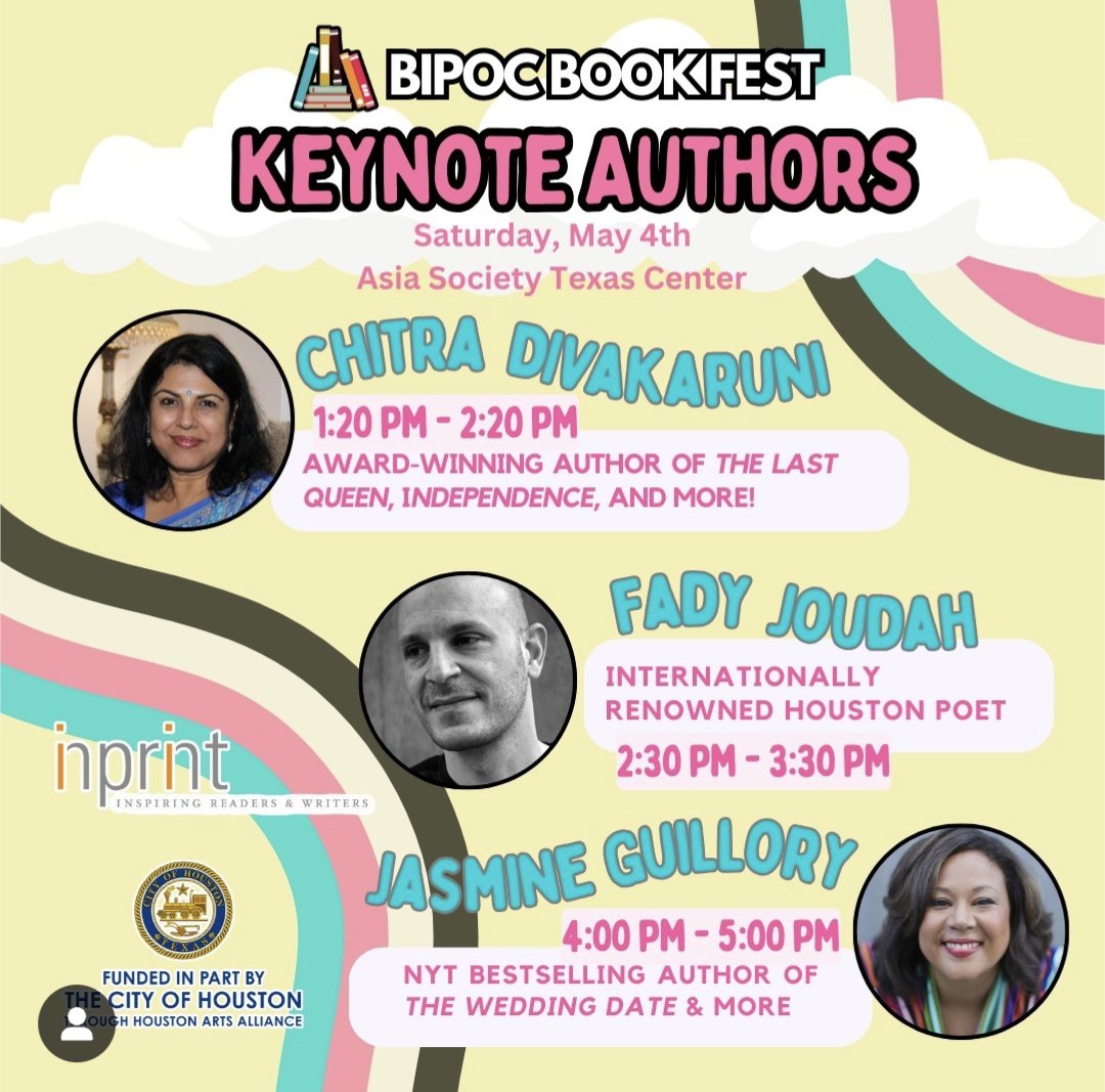 We are thrilled to be in partnership with @BIPOCBookFest as they welcome 3 phenomenal keynote authors to the 2024 BIPOC Book Fest! // CHITRA BANERJEE DIVAKARUNI // FADY JOUDAH // JASMINE GUILLORY // Tickets on sale now! Details: inprinthouston.org/event/bipoc-bo…