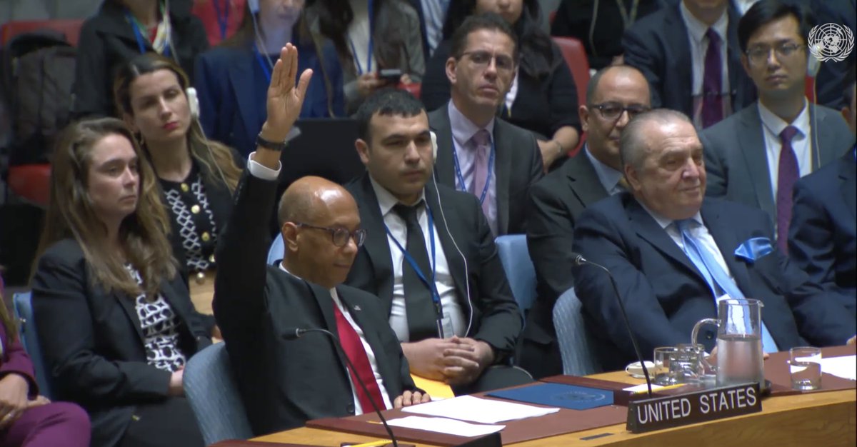 #UN Security Council votes on long-awaited draft text recommending #Palestine's UN membership
Yes: 12
No: 1 (US) 
Abstention: 2 (UK, Switzerland)
'The international community stands with you, Palestine': #Algeria to the world's most important body [packed with diplomats & other