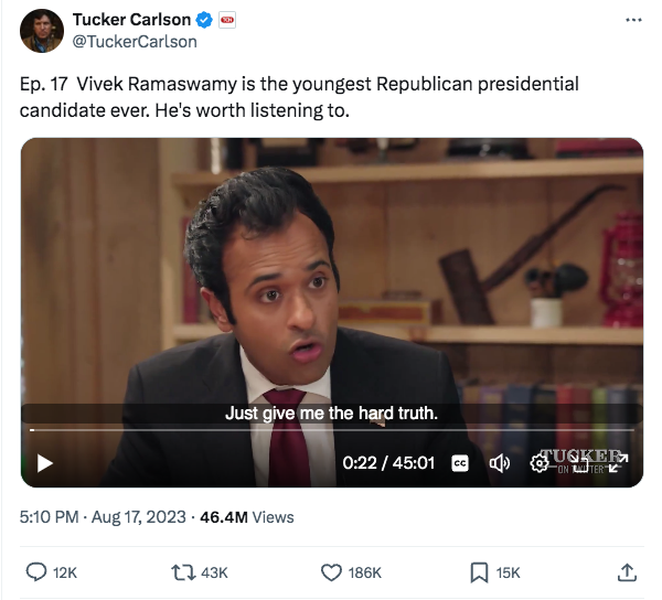 @X @elonmusk @TuckerCarlson I watch Tucker almost every week. But beyond the past month none of my likes or comments show up. This was when @VivekGRamaswamy was running. I'm certain I commented, liked, and reposted. Where did it go?