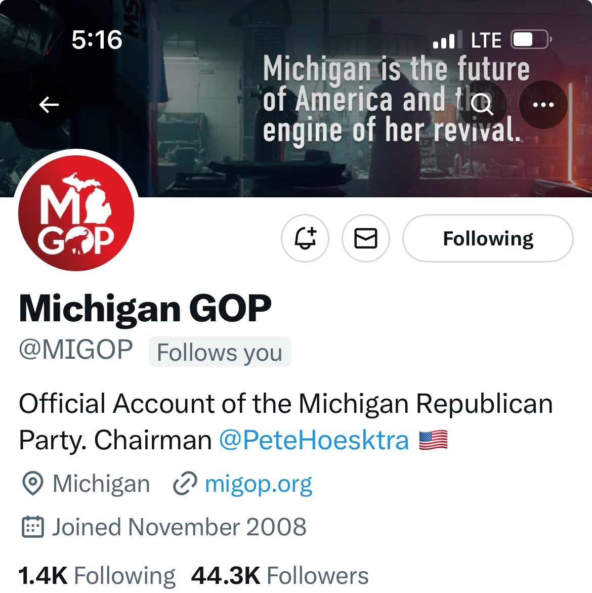 The Michigan Republican Party official Twitter account is now under the control of Chair Pete Hoekstra. In other news, the account has unblocked me.