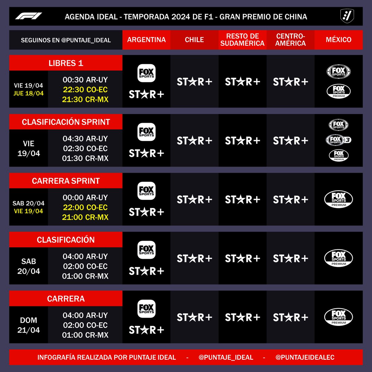 🏁 #AgendaIdeal - #F1 - #ChineseGP | Esta noche comienza la actividad del Gran Premio de China 🇨🇳. Será el regreso de la Formula 1 a China tras la pandemia del Covid-19 y el primer GP del 2024 bajo la modalidad sprint. ⚠️ Sujeto a cambios.