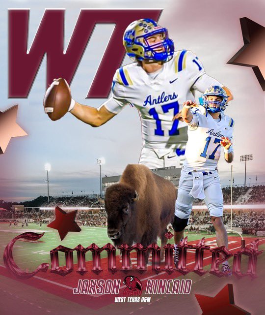 After a great visit and conversation with <a href="/CoachKyser/">Chase Kyser</a>, I will be COMMITTING to the University of West Texas A&amp;M to play football.

Thank you to all the coaches I have gotten to visit and talk with. Thank you <a href="/TFNDFootball/">Tivy Football</a> <a href="/txqb/">Brian Thiebaud</a> <a href="/YVQBacademy/">YVQBacademy</a> <a href="/DEFCONTX7v7/">DEFCON 1 TEXAS 7v7</a> <a href="/BrestonWesley/">LetsBall1Time</a>