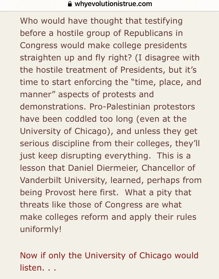 first amendment champion jerry coyne says of columbia students protesting their college’s support of ethnic cleansing: “About time, I’d say,” pro🍉 “have been coddled too long,” & “unless they get serious discipline from their colleges, they'll just keep disrupting everything.”