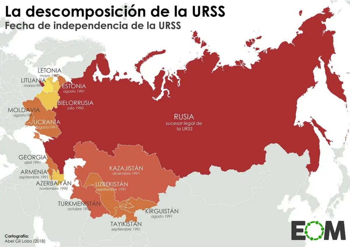 La antigua URSS se desintegró en apenas 2 años. Este mapa recoge las fases de la descomposición 👇 elordenmundial.com/mapas/la-desco…