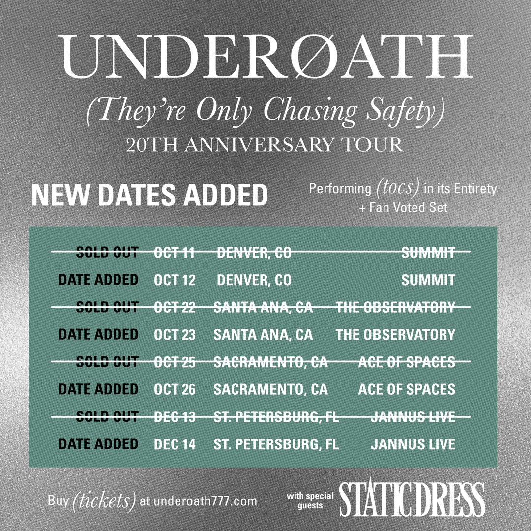 Just wow. One day of pre-sale and shows are already sold out. Denver, Tampa, Santa Ana, and Sacramento…. looks like we’re gonna hang with you multiple nights. Presale happening now with code “SAFETY”. underoath777.com/pages/tour